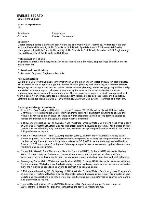 Evelise Segato, Parsons Brinckerhoff - Senior Civil Engineer (Water)