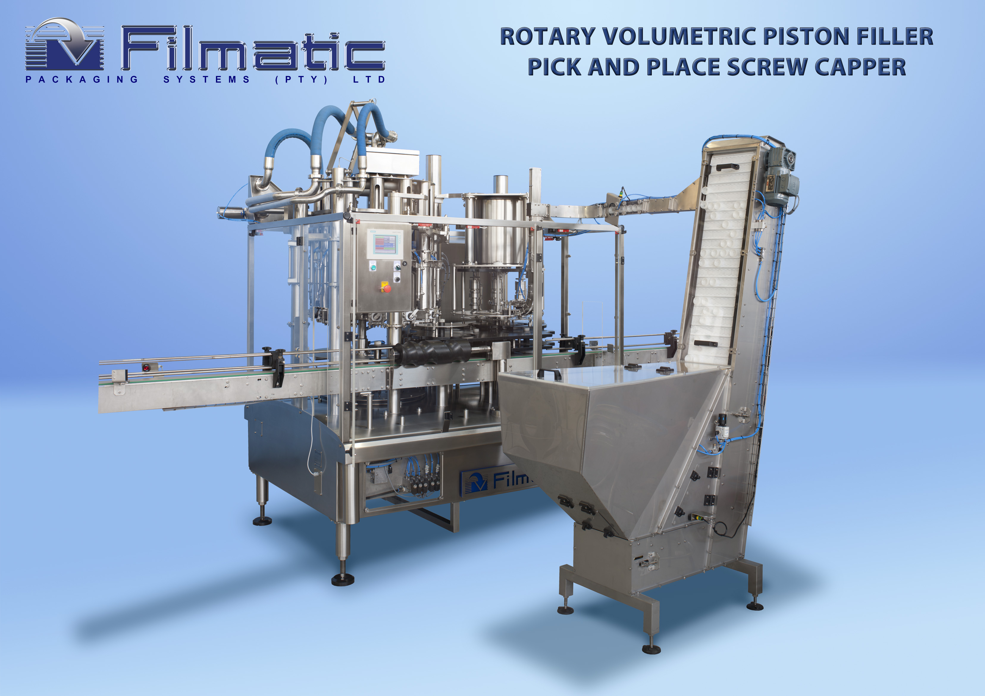 Rotary gravity, piston, nett-weigh filler/cappers