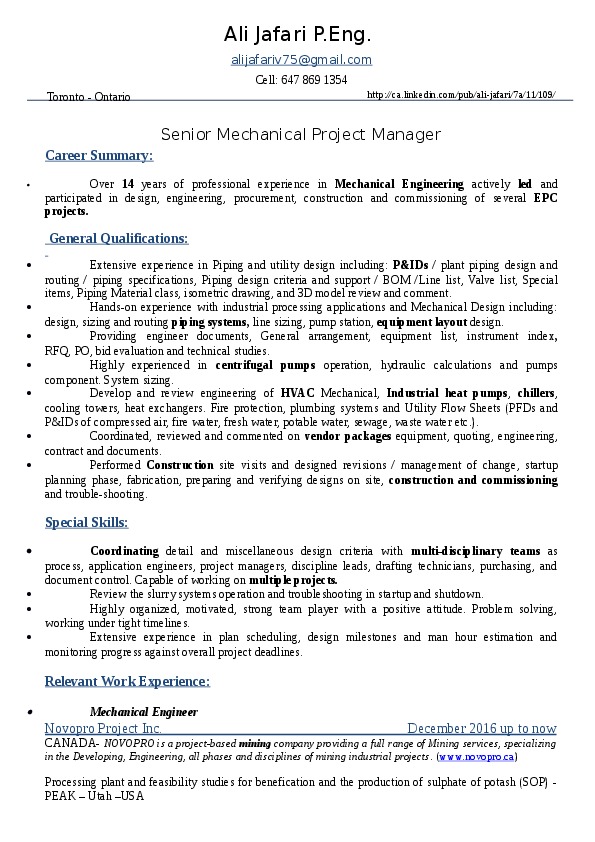 Ali Jafari P.Eng, Mechanical Engineer