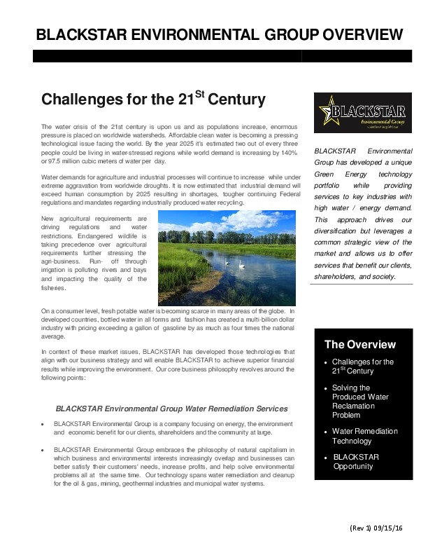 Blackstar's Thunderhawk Water Remediation System Brochure and Water Analysis report. Revolutionary New technology in Waste Water Remediation...