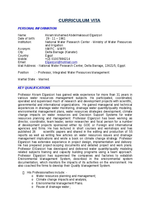 Akram ElGanzori, Prof. at National Water Research Center - NWRI