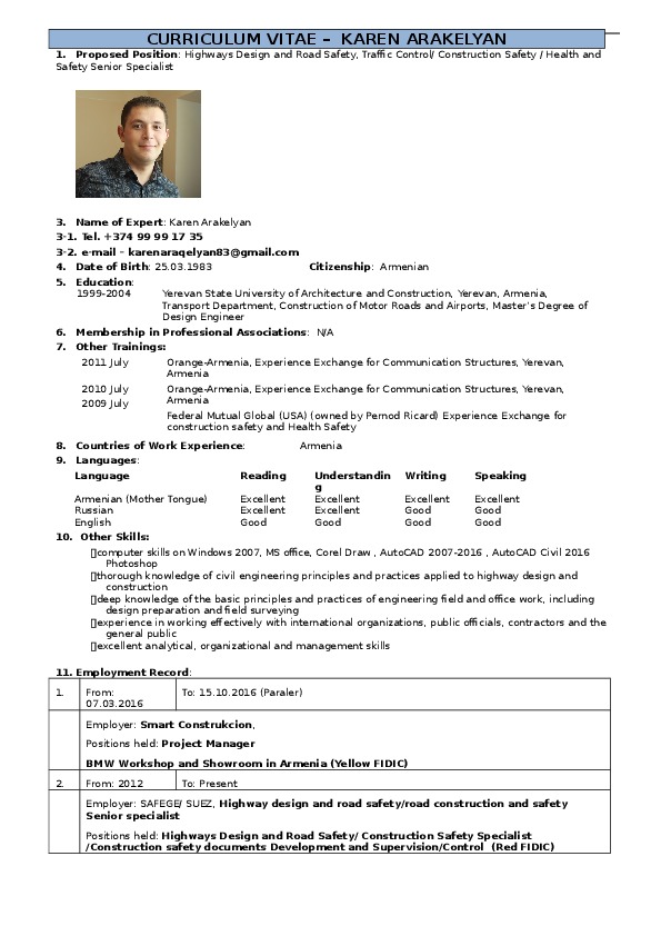 Karen Arakelyan, Road and highway expert. Construction safety and health and safety senior specialist at Suez