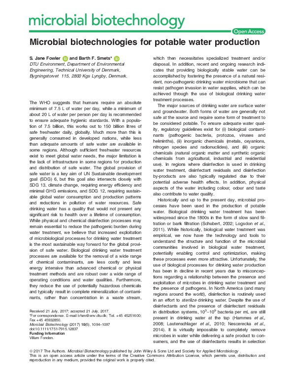 Microbial Biotechnologies for Potable Water Production