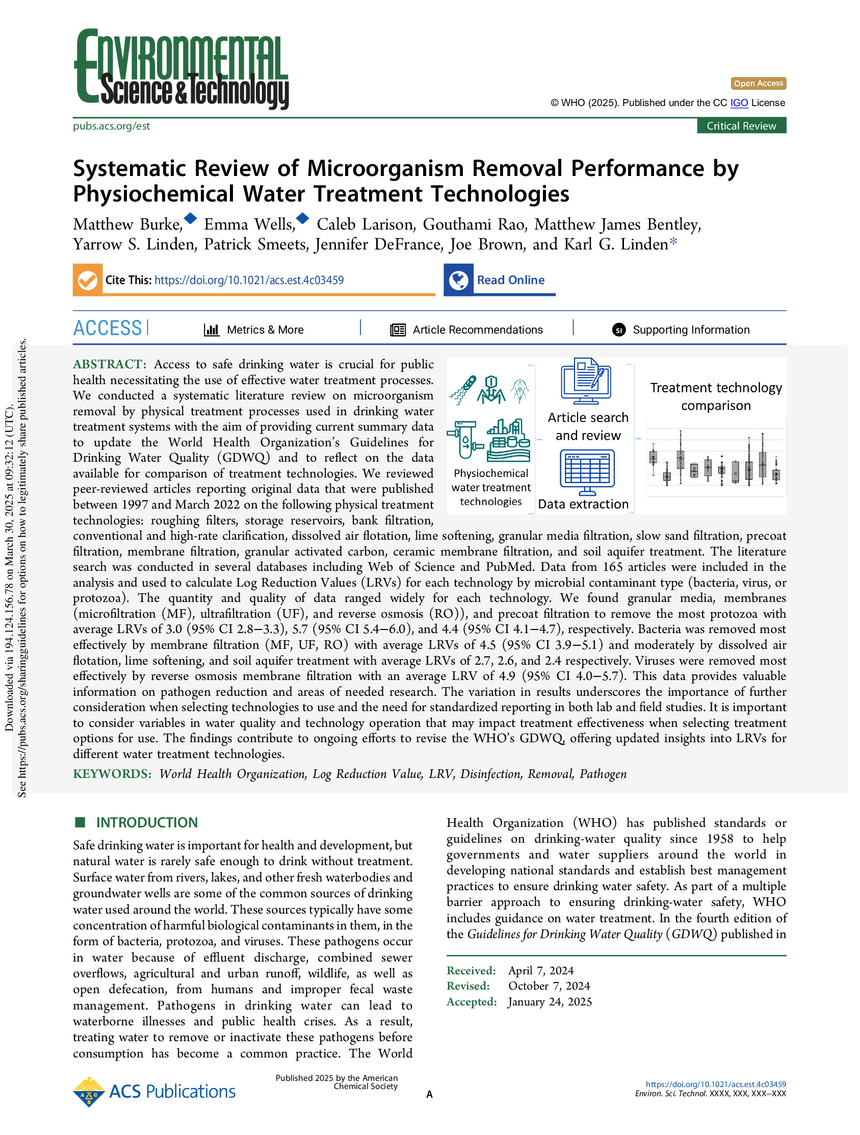 Microorganism Removal Performance by Physiochemical Water Treatment Technologies