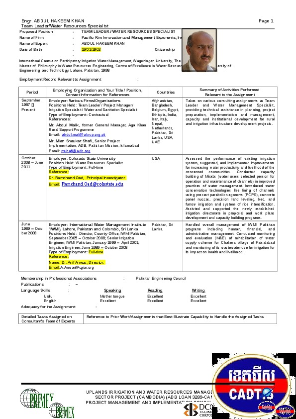 Abdul Hakeem Khan, Team Leader/Water Resources Specialist