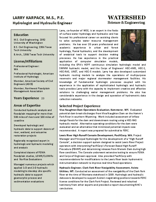 Larry Karpack, Vice President at Watershed Science and Engineering