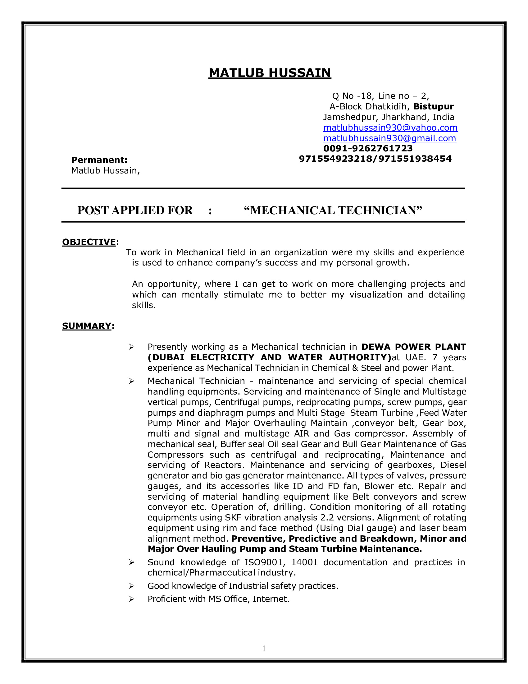 Mutlub Hussain, Mechanic technician at Dubai Electricity & water Authority  (DEWA)