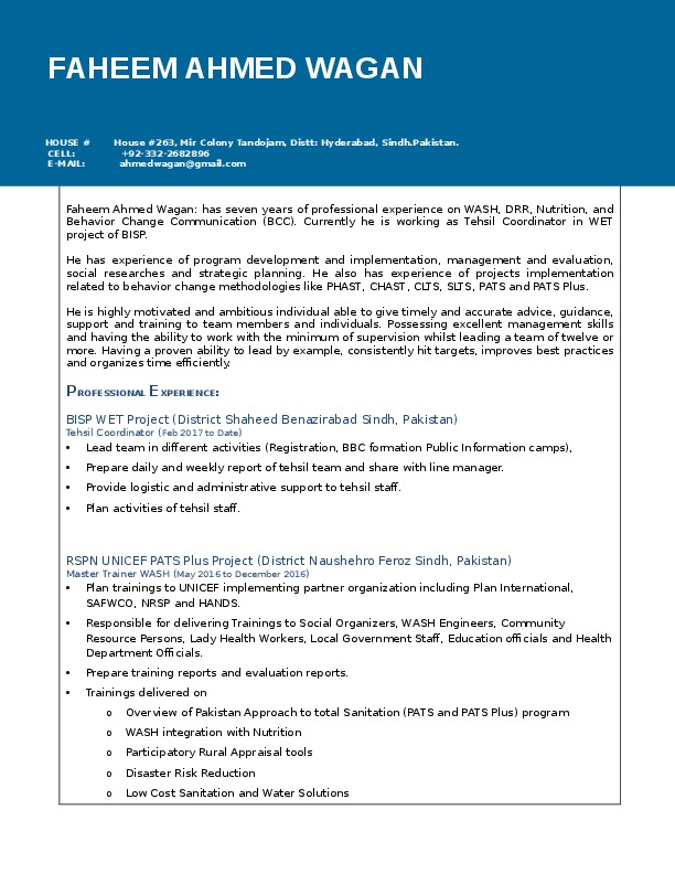 Faheem Ahmed Wagan, Mr.