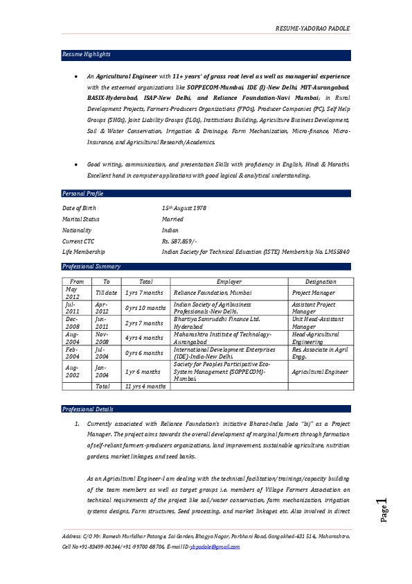 yb padole, Reliance Foundation - Project Manager