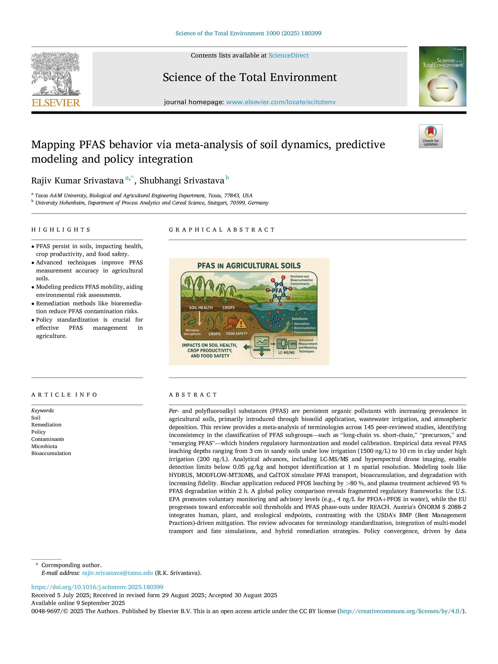 Mapping PFAS behavior via meta-analysis of soil dynamics, predictive modeling and policy integration