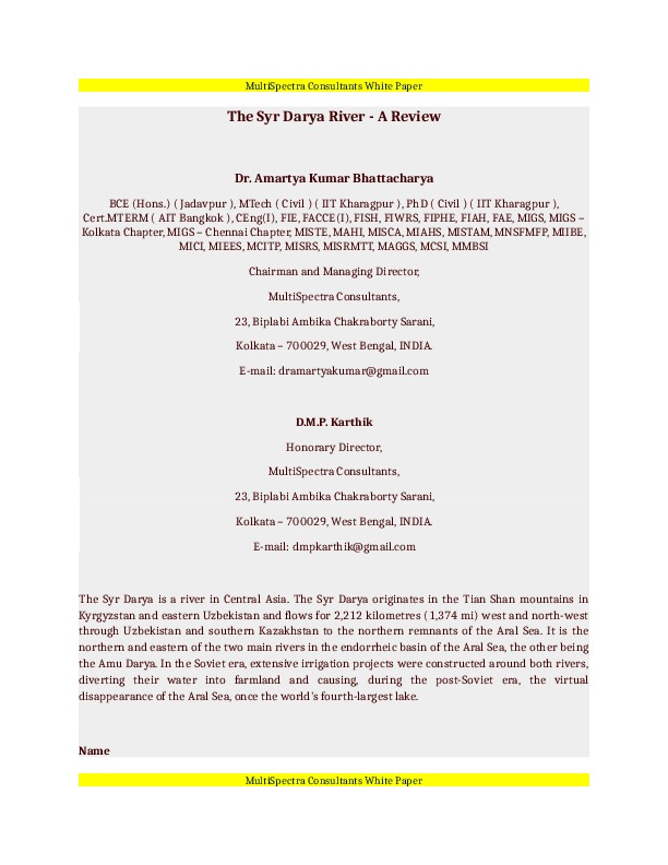 The Syr Darya River - A Review