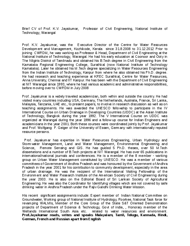 Jayakumar KV, National Institute of Technology Warangal, India - Professor & Head, Water & Environment Division