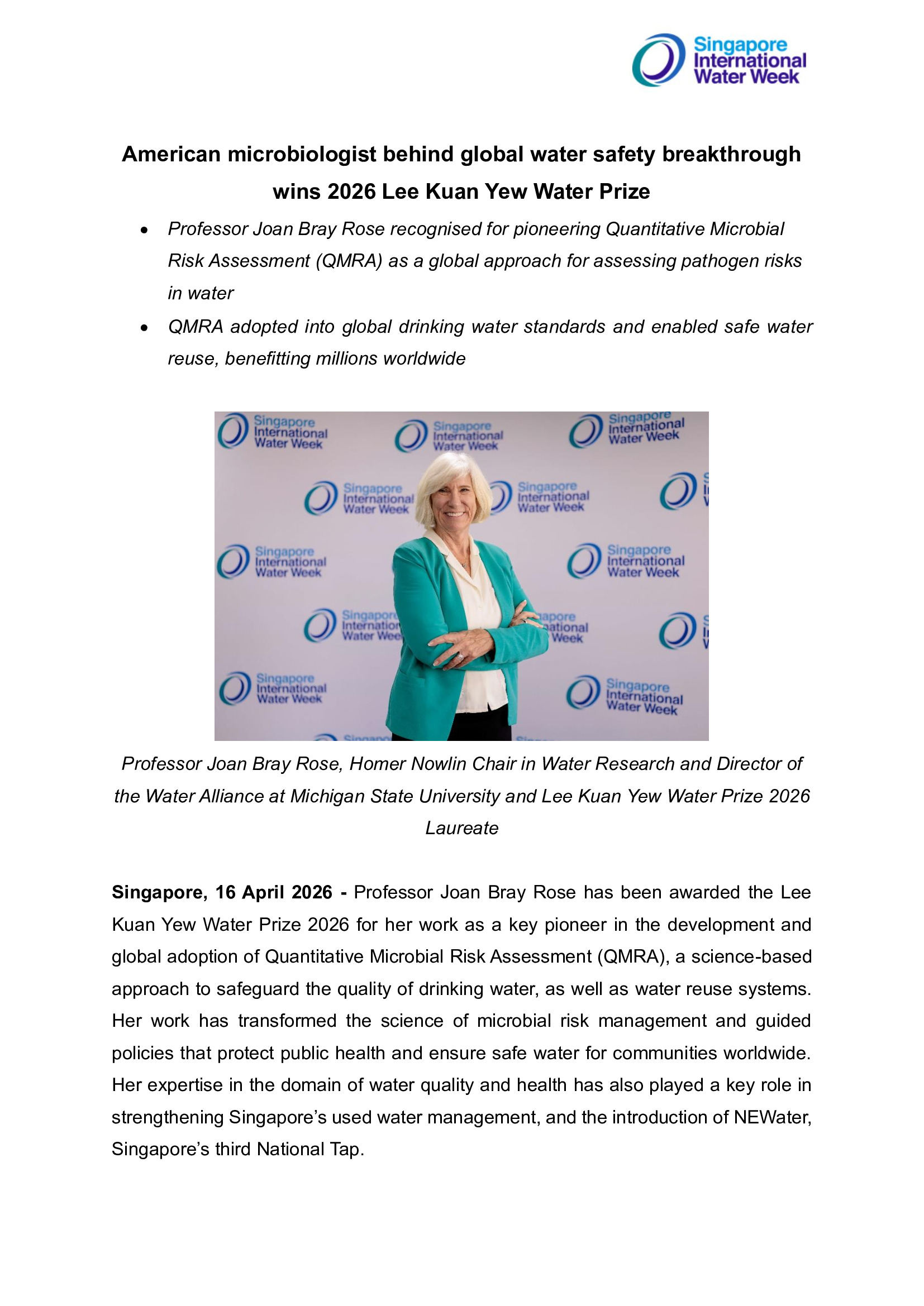 SG Press CentreAmerican microbiologist behind global water safety breakthrough wins 2026 Lee Kuan Yew Water PrizePlease see PUB media release �...