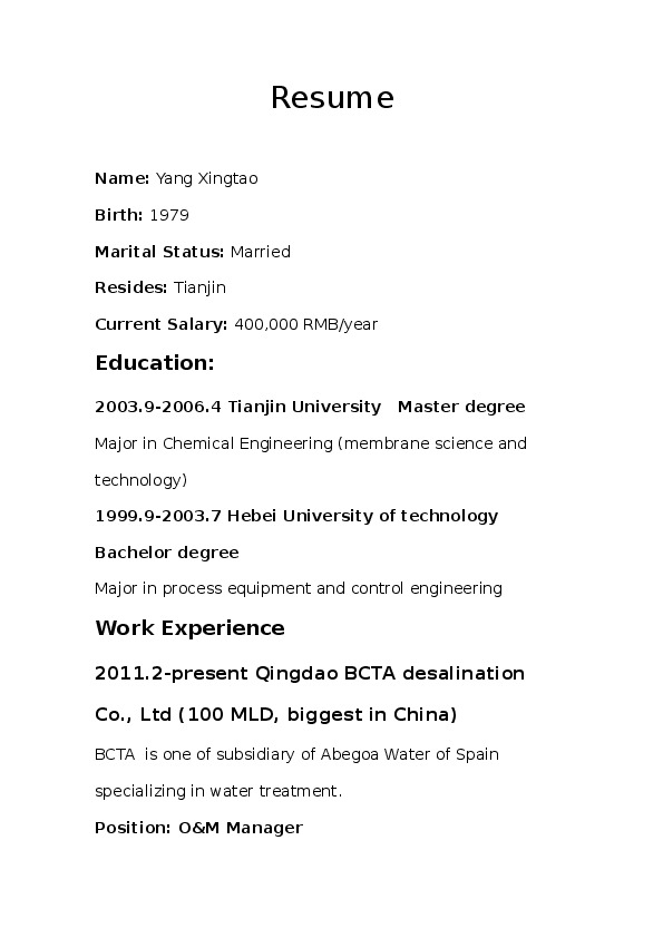 Yang  Xingtao, Qingdao BCTA Desalination Co., Ltd - O&M Manager