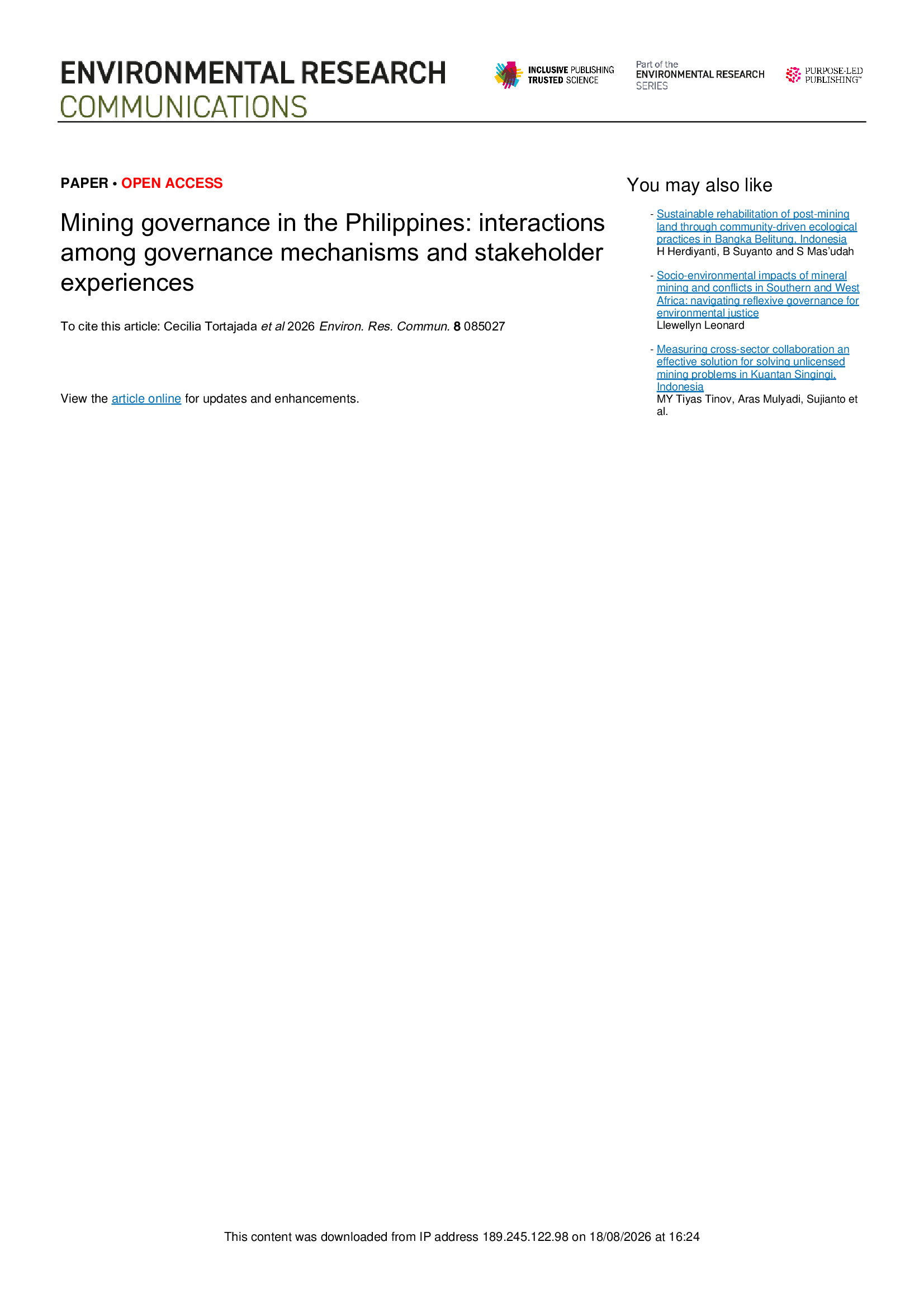 Mining governance in the Philippines: governance mechanisms and stakeholder experiences