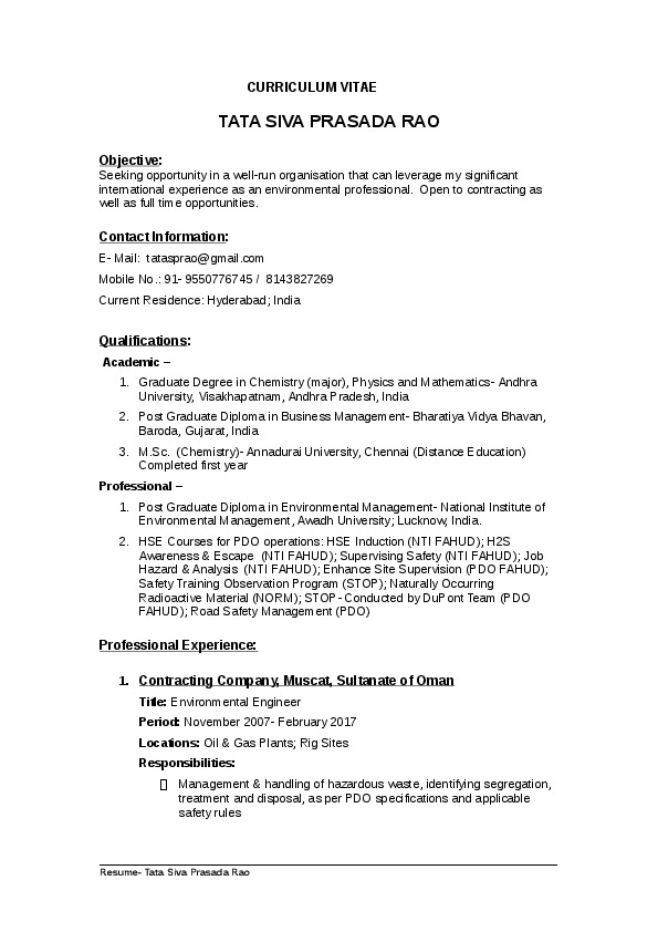 tata siva prasadarao, Environment Engineer at PDO ( Petroleum Development Oman ) , Muscat, Oman
