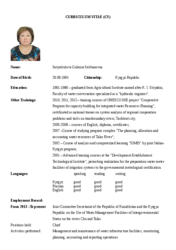 Gulmira Satymkulova, Secretariat of Chu-Talas water Commission