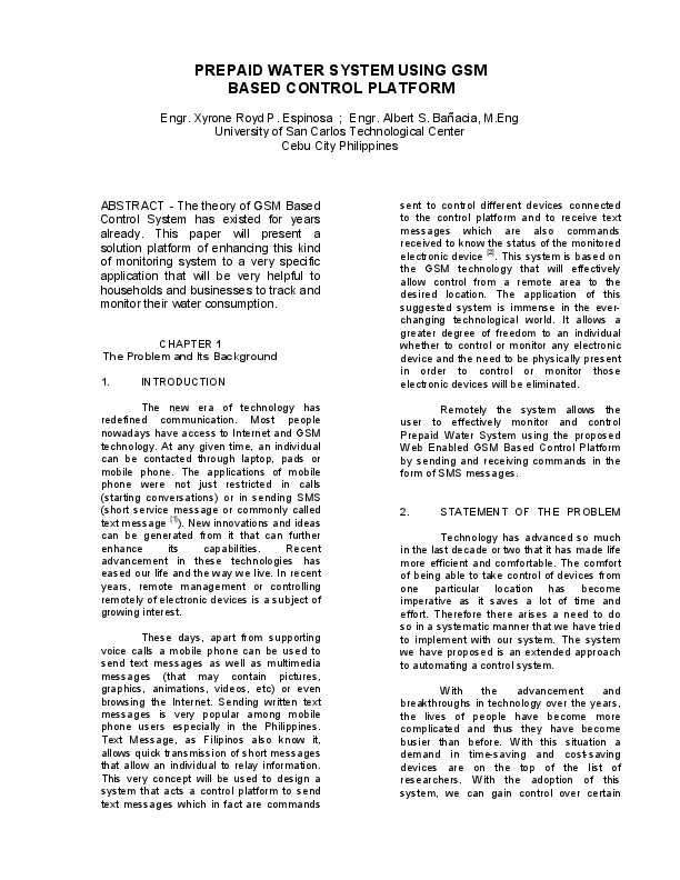 PREPAID WATER SYSTEM USING GSM BASED CONTROL PLATFORM