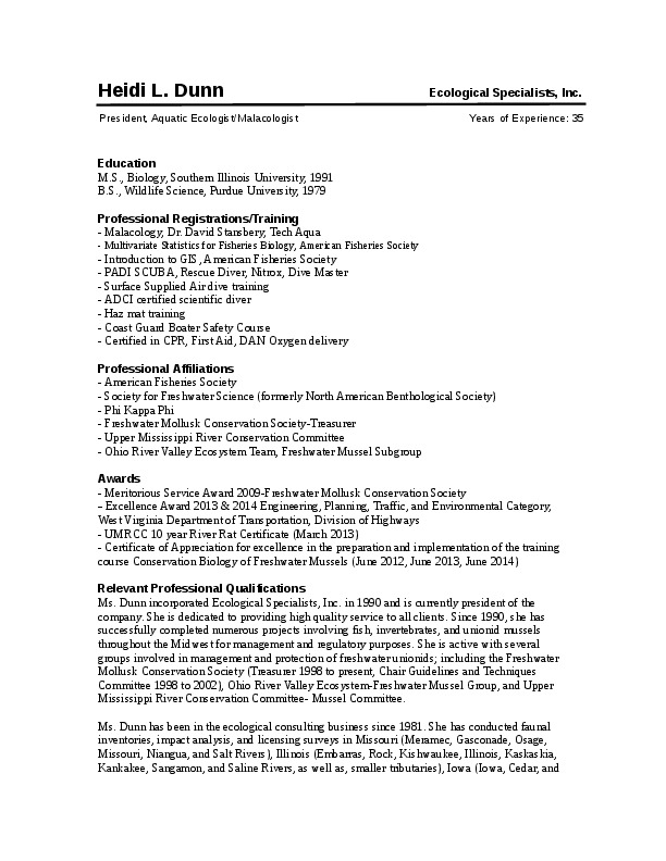 Heidi Dunn, Ecological Specialists, Inc. - President/Malacologist