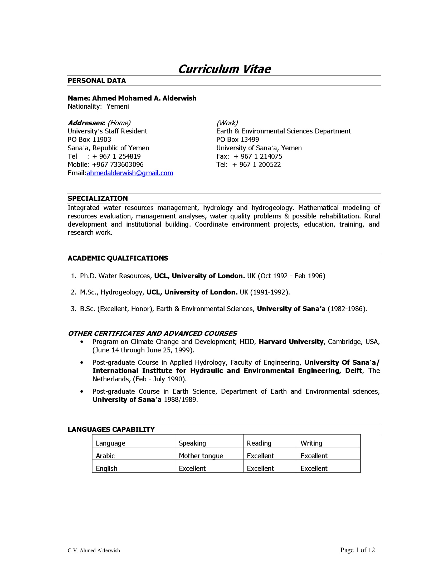 Ahmed Mohamed  Alderwish, Water Scientist/Advisor and Freelance Consultant 