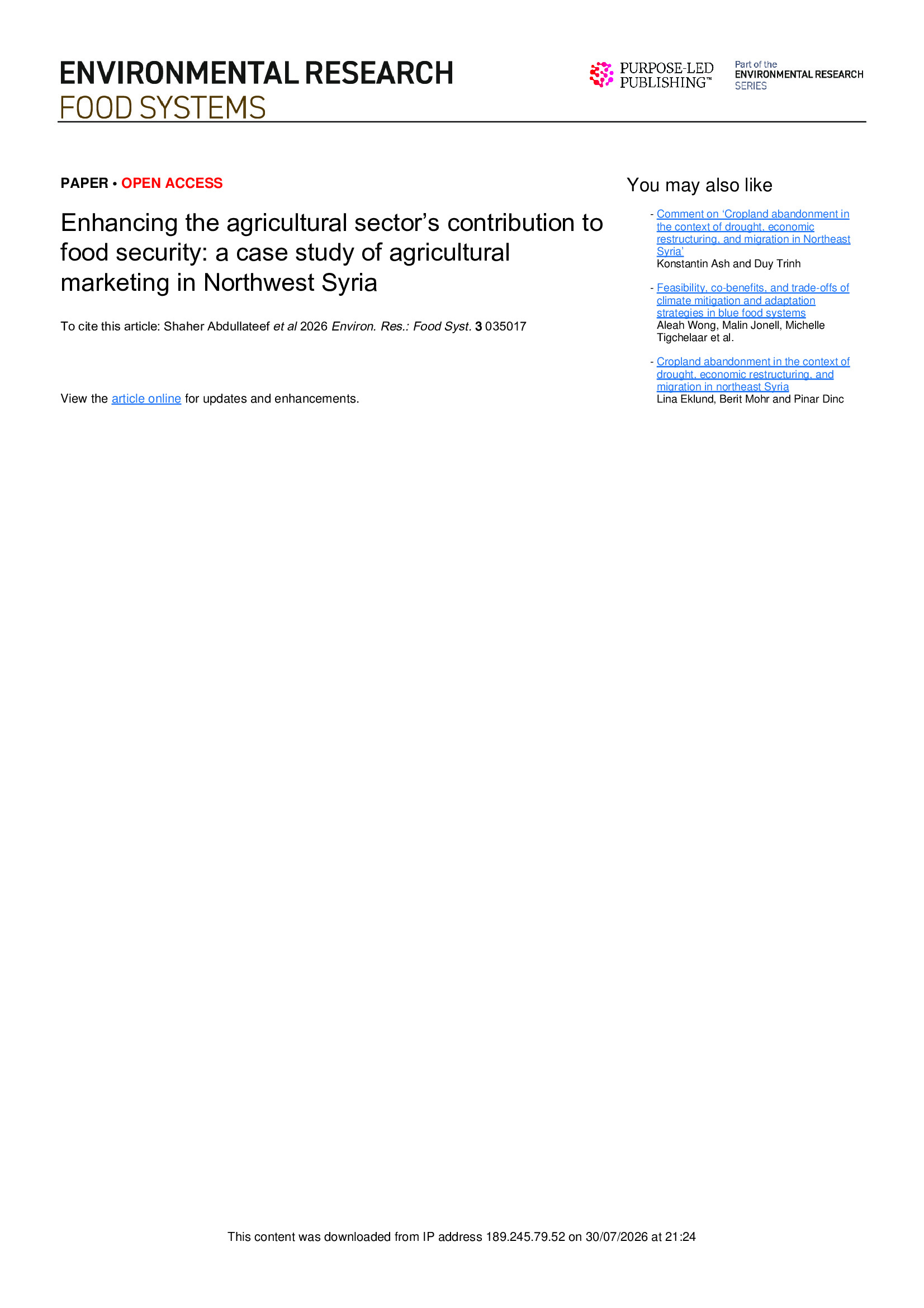 Enhancing the agricultural sector's contribution to food security: Northwest Syria case study