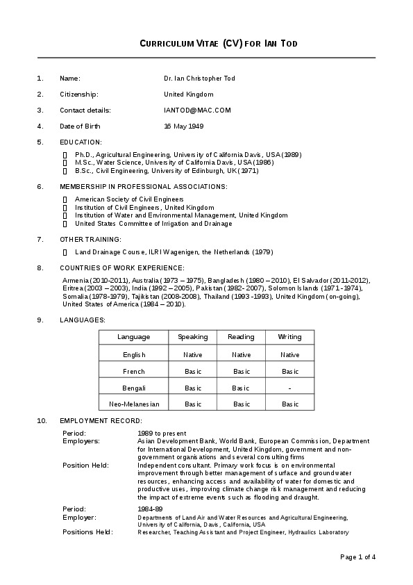 Ian Tod, Ian Tod Associates - Water Sector Specialist