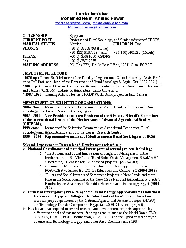 Mohamed Nawar, Cairo University, Faculty of Agriculture, Center for Rural Development Researches& Studies (CRDRS) - Professor and Senior Adviser of CRDRS