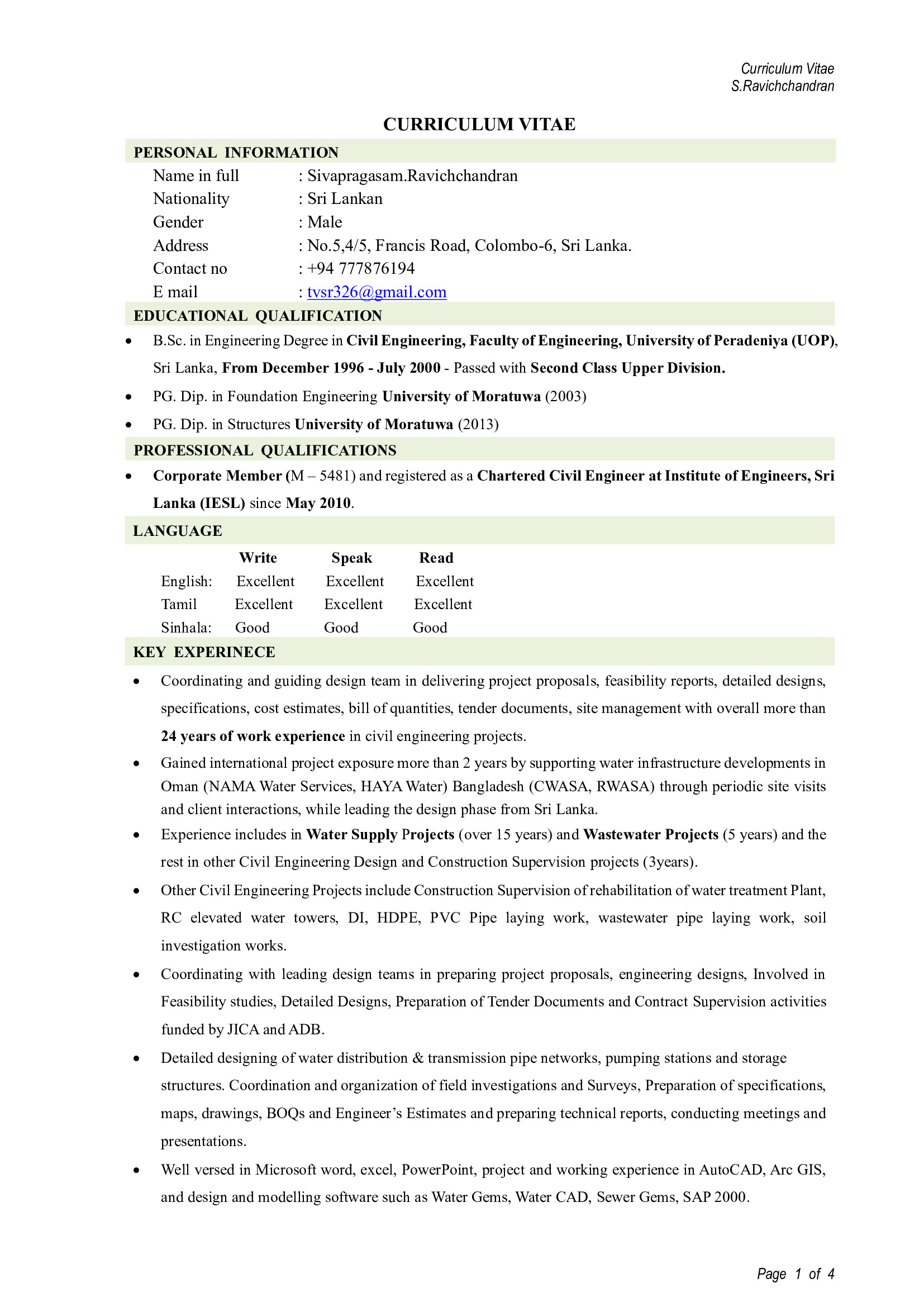 Sivapragasam Ravichchandran, Senior Water Supply Engineer at Ceywater Consultants (Pvt) ltd. Sri Lanka