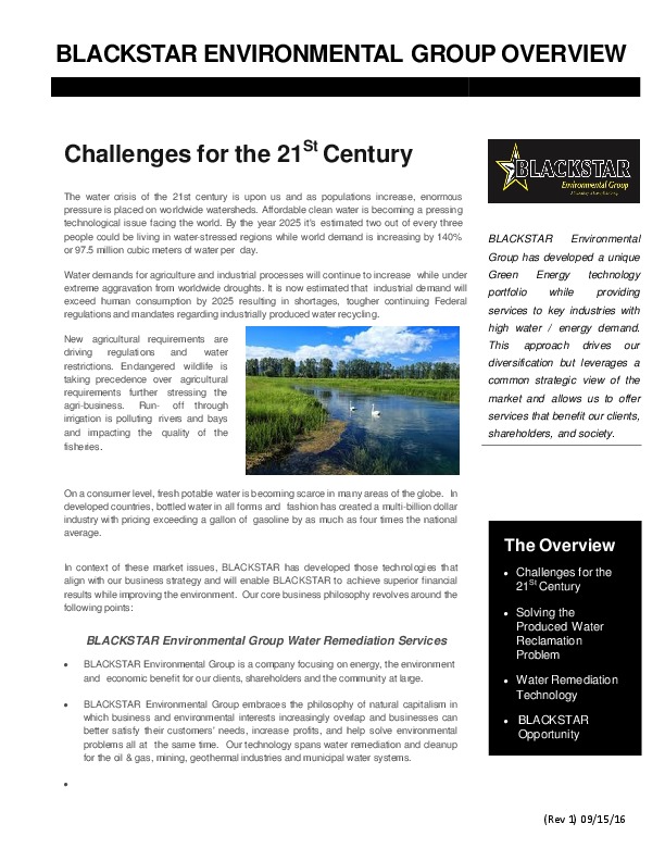 EnergyLink/BlackStar Group is seeking interested Individuals or venture capitalists to help us&nbsp;bring our revolutionary ThunderHawk Water Re...