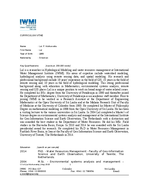 Lal Muthuwatta, International Water Management Institute - Researcher