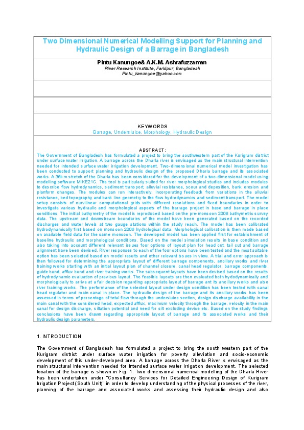 Two Dimensional Numerical Modelling Support for Planning and Hydraulic Design of a Barrage in Bangladesh