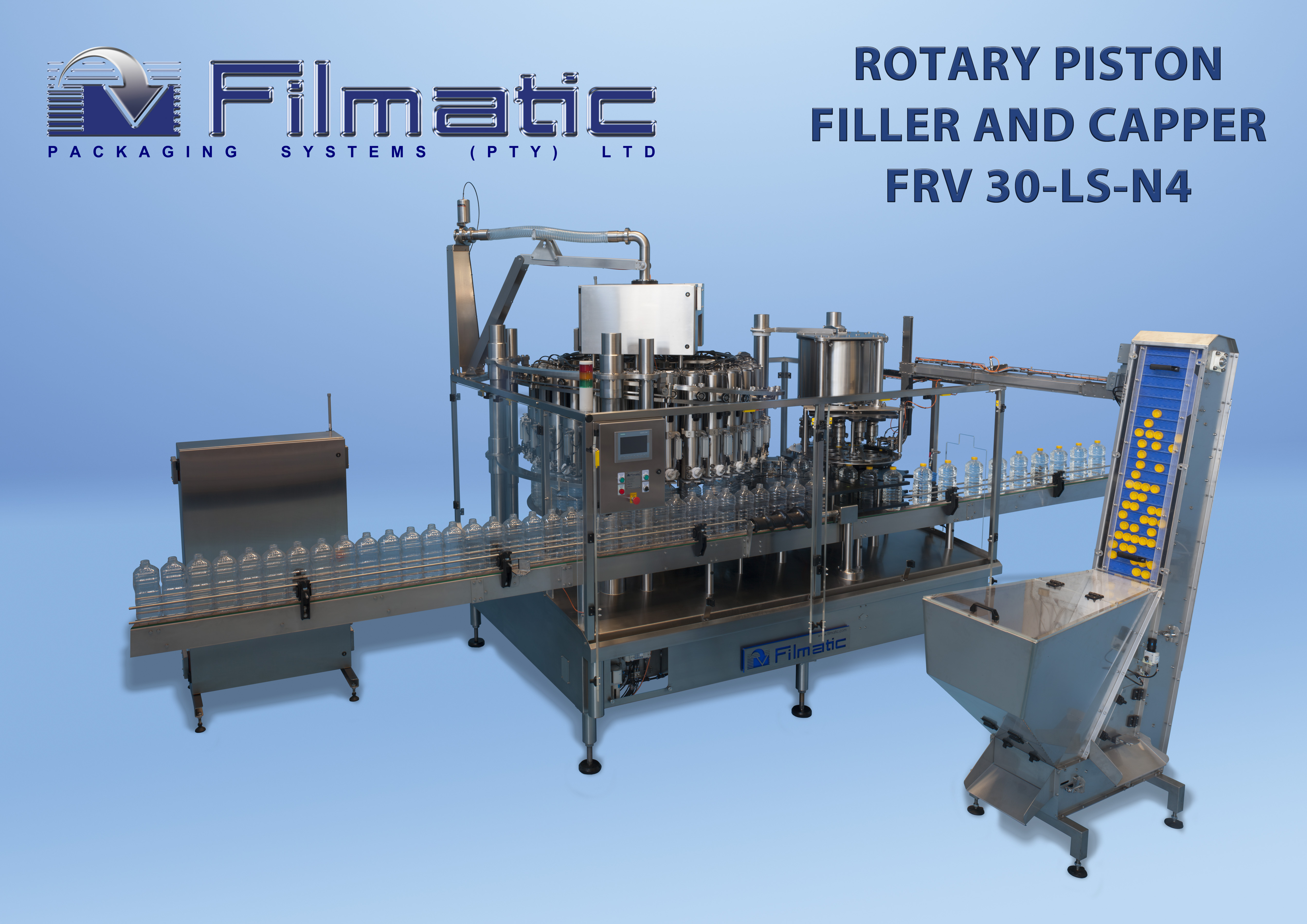 Rotary gravity, piston, nett-weigh filler/cappers