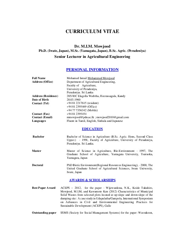 Mohamed Ismail Mohammed Mowjood, University of Peradeniya - Senior Lecturer