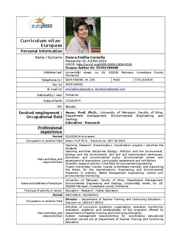 Emilia-Cornelia DUNCA, Assoc.Prof.Ph.D.Eng. at University of Petrosani, Romania
