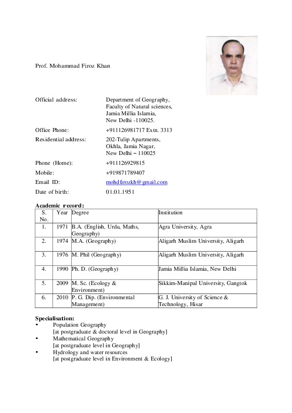 Mohammad Firoz Khan, Professsor