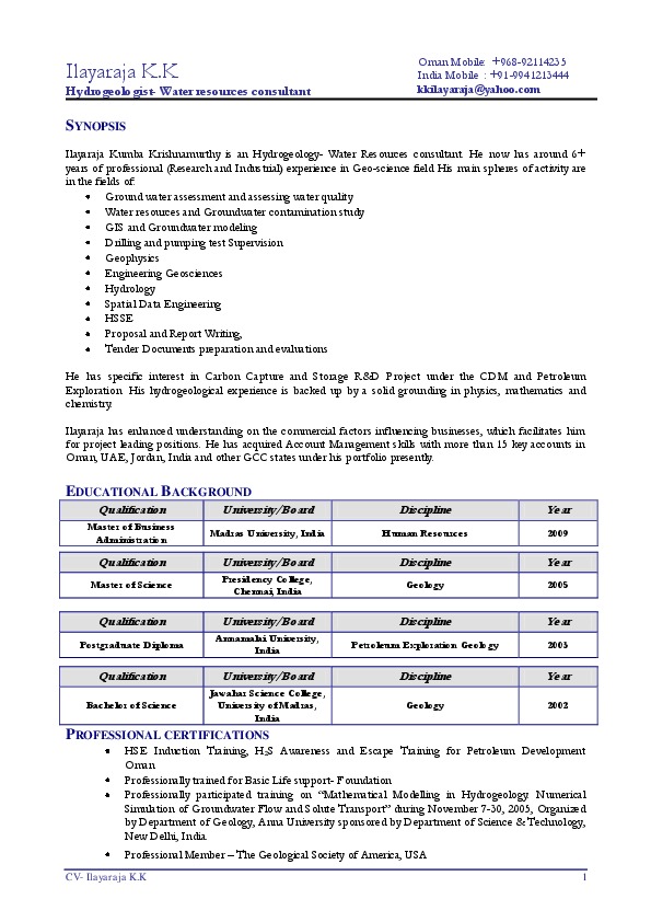 Ilayaraja Kumba Krishnamurthy, HMR Environmental Engineering Consultants, Muscat - Hydrogeologist