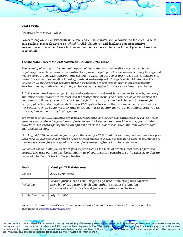 Send your article on the topic Need&nbsp;for ZLD Solutions &nbsp; Greetings from Water Today! &nbsp; I am working on the August 2016 issue and w...