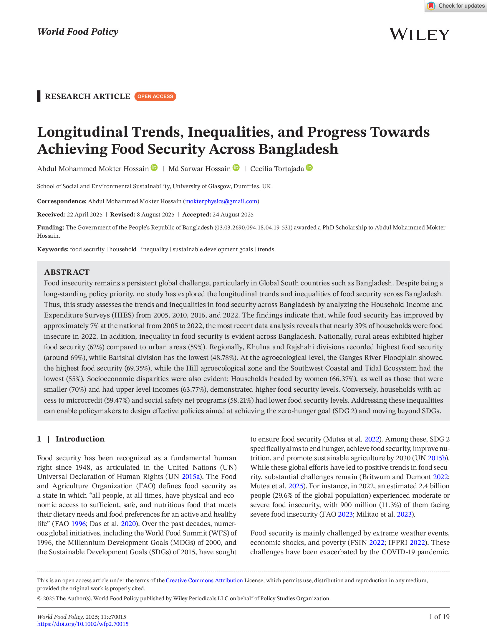 Longitudinal Trends, Inequalities, and Progress Towards Achieving Food Security Across Bangladesh