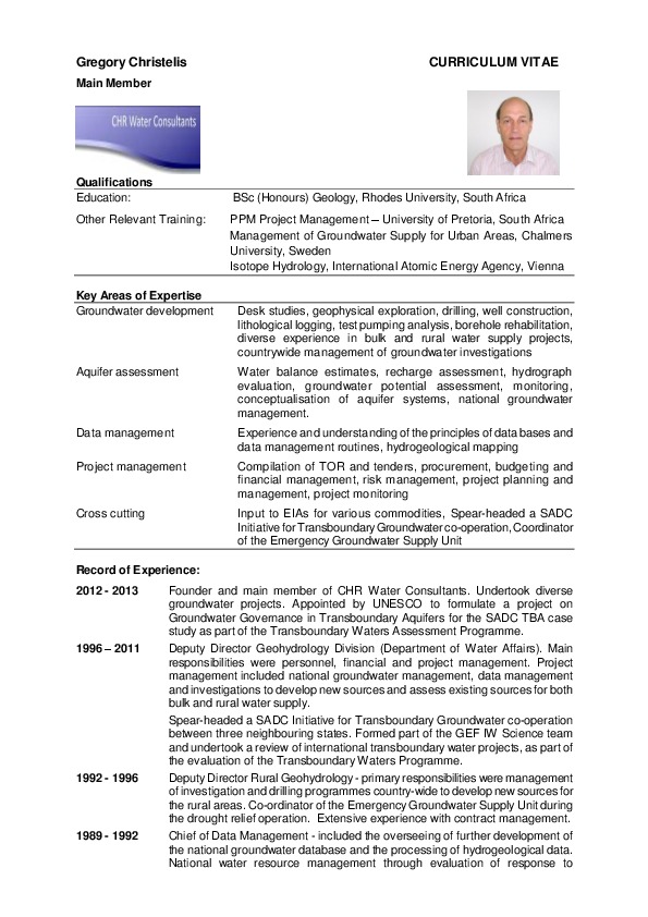 Gregory Christelis, CHR Water Consultants - Hydrogeologist - Main member