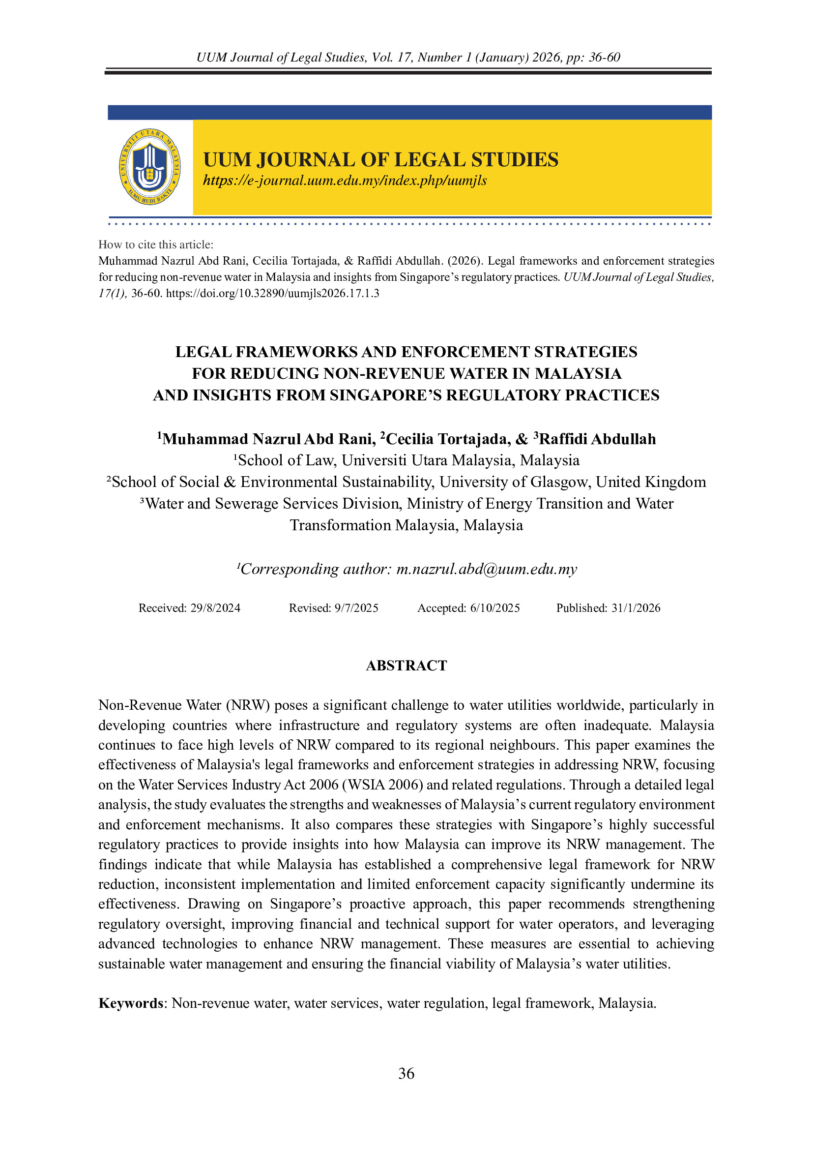 Legal Frameworks and Enforcement Strategies for Reducing Non-revenue Water in Malaysia