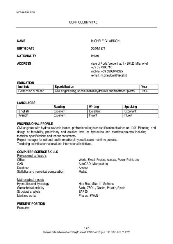 Michele Gilardoni, Hydraulic Engineer