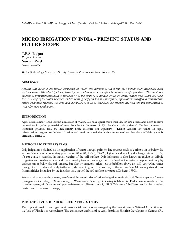 Micro Irrigation in India - Present Status and Future Scope