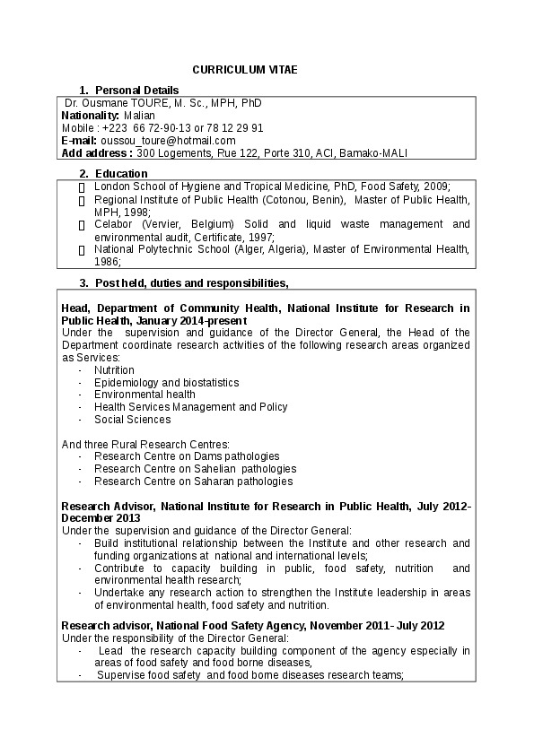 Ousmane TOURE, Chef de Département Santé Communautaire at Institut National de Recherche en Santé Publique (INRSP)