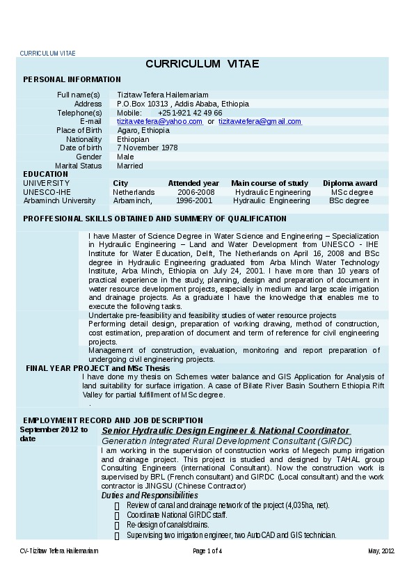 Tizitaw Tefera Hailemariam, Generation Integrated Rural Development Consultant - Senior Hydraulic Design Engineer & National  Coordinator