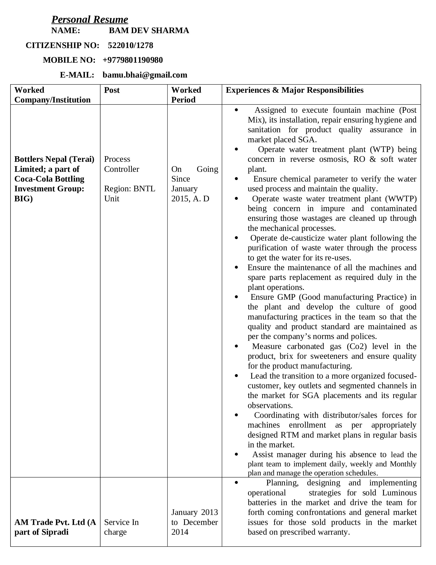 BAM DEV SHARMA, Process at Bottlers Nepal Terai Ltd (Coca Cola)