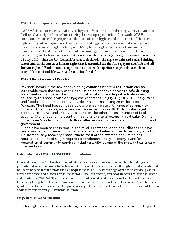 Establishment of WASH institute a call of time