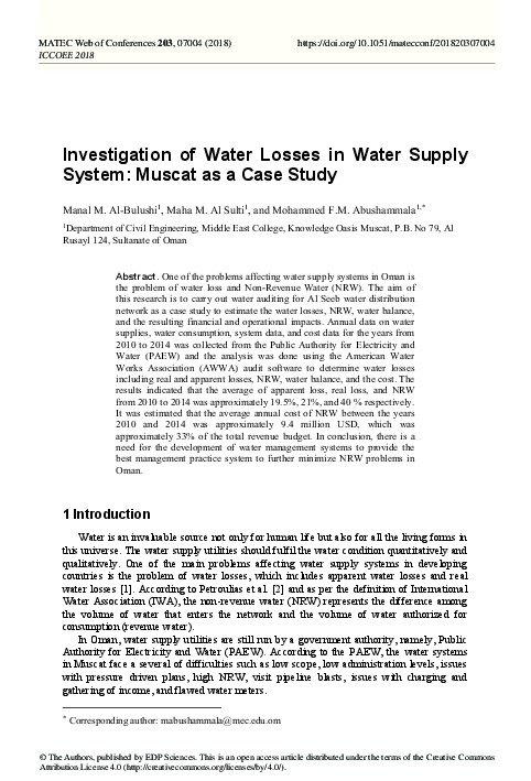 Investigation ​of Water Losses ​in Water Supply ​System - Muscat ​as a Case Study
