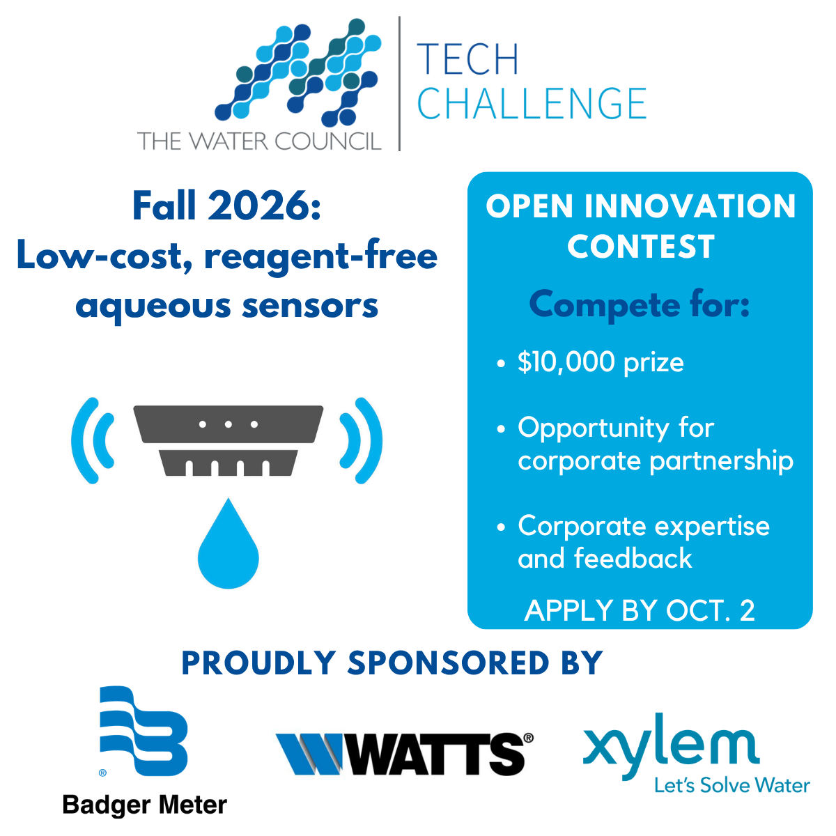 The Water Council's Fall 2026 Tech Challenge, focused on chemical-free, low-cost aqueous sensing, is open NOW for global applications. Learn mor...