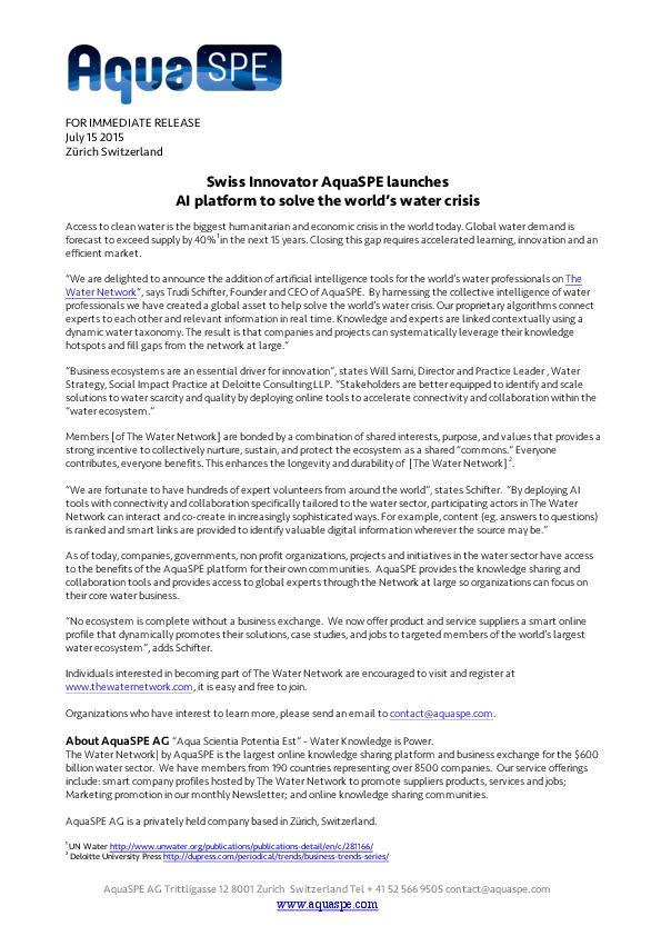 Press Release: The Water Network 2.0