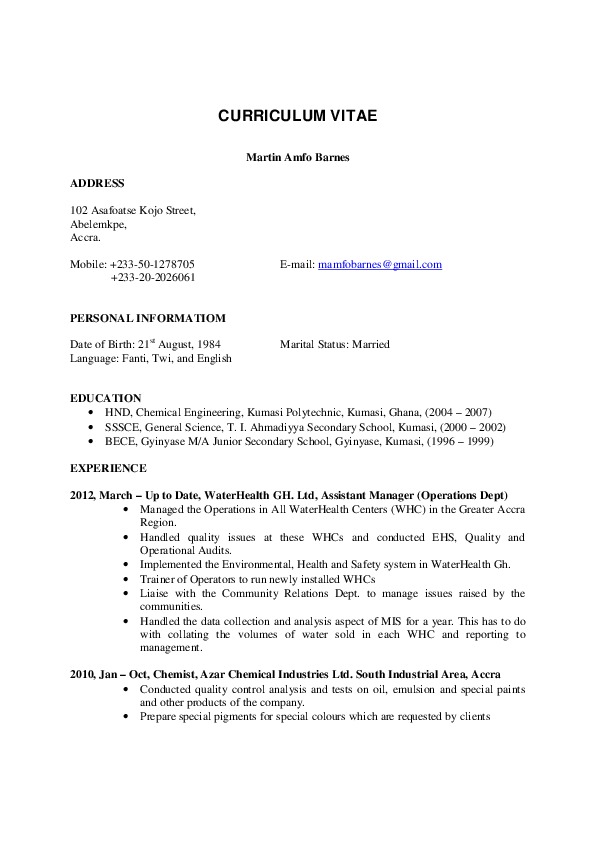 Martin Amfo Barnes, WaterHealth Gh. Ltd - Operations Engineer